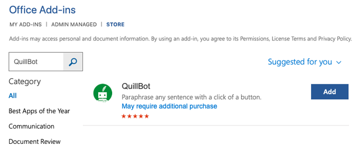 Chọn Add để thêm Quillbot 