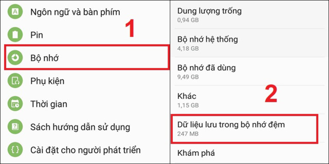 Chọn Bộ nhớ → Dữ liệu trong bộ nhớ đệm