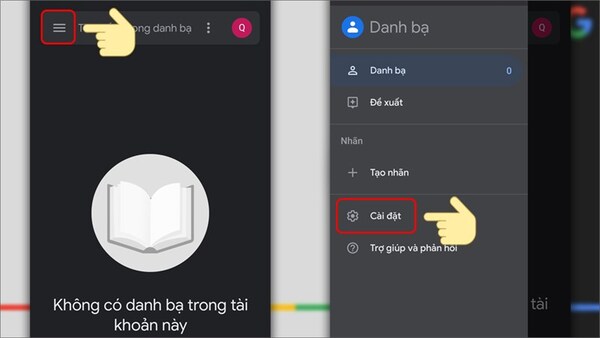 Chọn Cài đặt trong ứng dụng Google Contacts