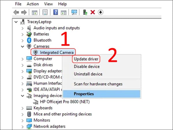 Chọn Cameras → Integrated Camera → Update driver
