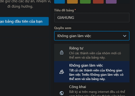 Chọn chia sẻ quyền xem bảng