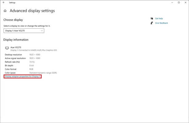 Chọn Display adapter properties for Display 1