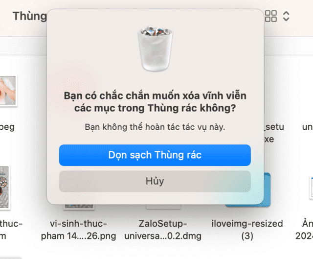 Chọn Dọn sạch thùng rác để hoàn tất xoá