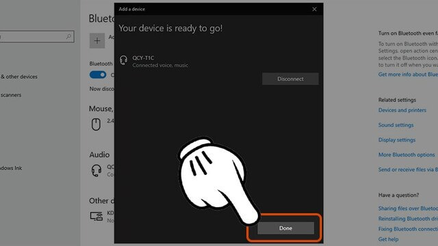 Chọn Done để hoàn tất cách kết nối tai nghe Bluetooth với laptop Win 10