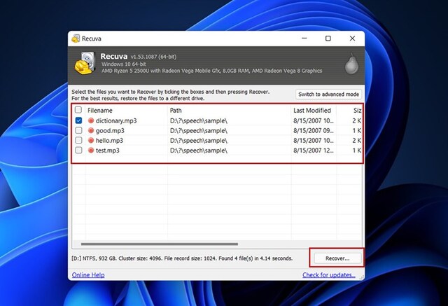 Chọn file và nhấn Recover để hoàn tất