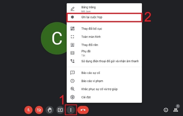 Chọn 'Ghi lại cuộc họp' từ danh sách tùy chọn của Google Meet