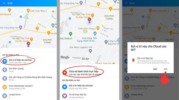 Chọn Gửi vị trí hiện tại của bạn hay Chia sẻ hành trình trực tiếp