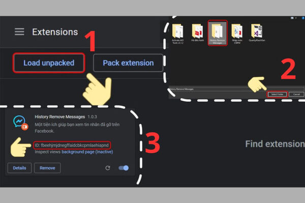 Chọn Load unpacked → History Remove Messages → Copy ID