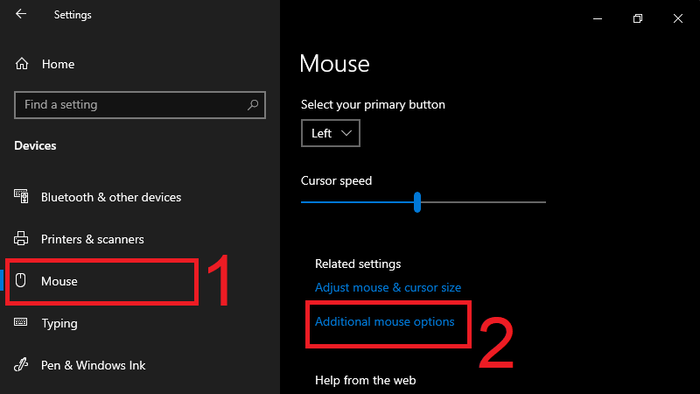 Chọn Mouse → Additional Mouse Options