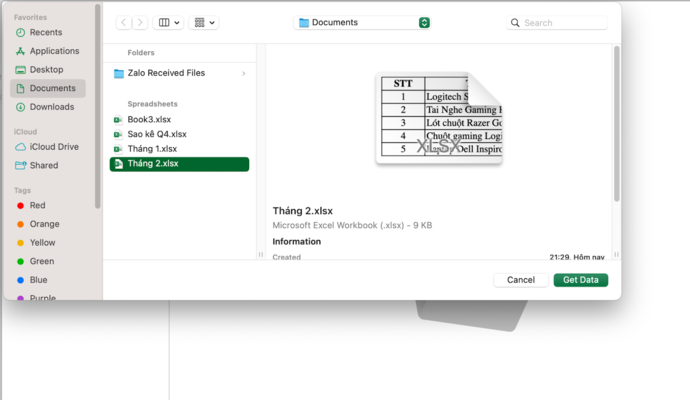 Chọn tệp → Get Data
