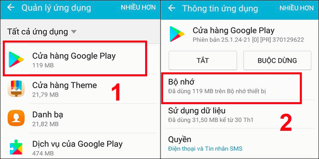 Chọn ứng dụng → Bộ nhớ