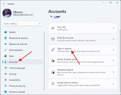 Chọn đến Accounts → Sign-in options