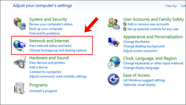 Chọn vào Network and Internet