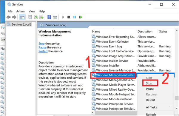 Chọn Windows Management Instrumentation và ấn Stop