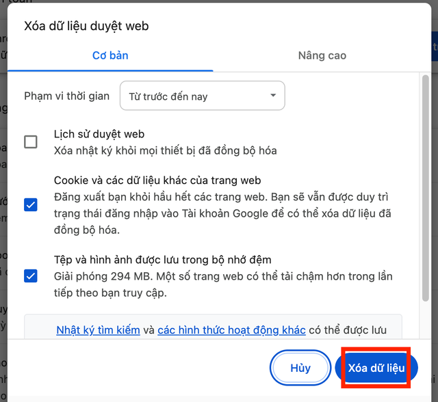 Chọn Xoá dữ liệu