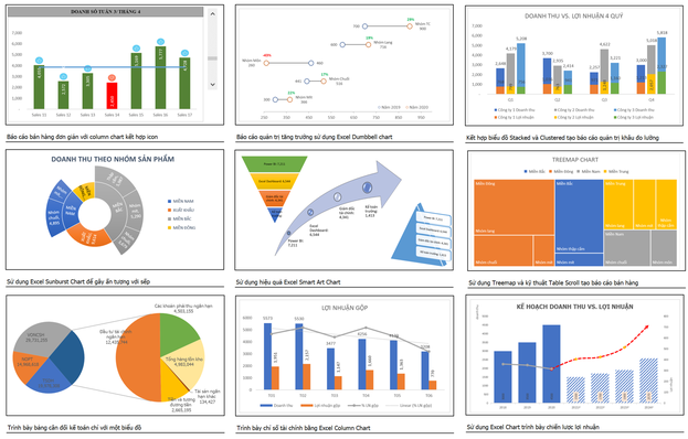 Excel tích hợp nhiều biểu đồ khác nhau