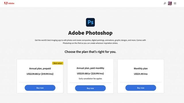 Gói giá cho riêng Photoshop
