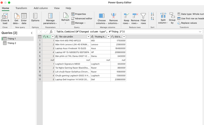 Gộp dữ liệu hai tháng với nhau để hoàn thành việc sử dụng power query excel
