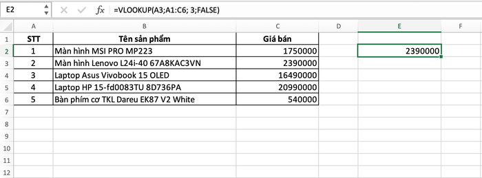 Kết quả hàm VLOOKUP