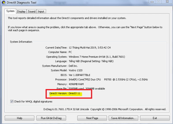 Kiểm tra phiên bản cập nhật DirectX