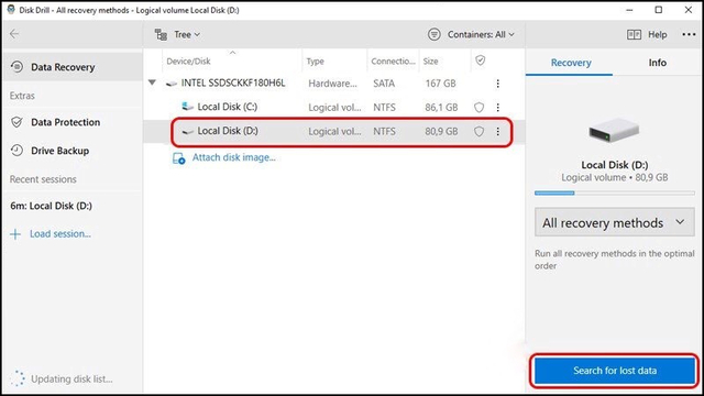 Mở ổ đĩa cần khôi phục dữ liệu → Chọn Search for lost data