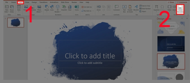 Mở PowerPoint và chọn Insert > Screen Recording để bắt đầu quay