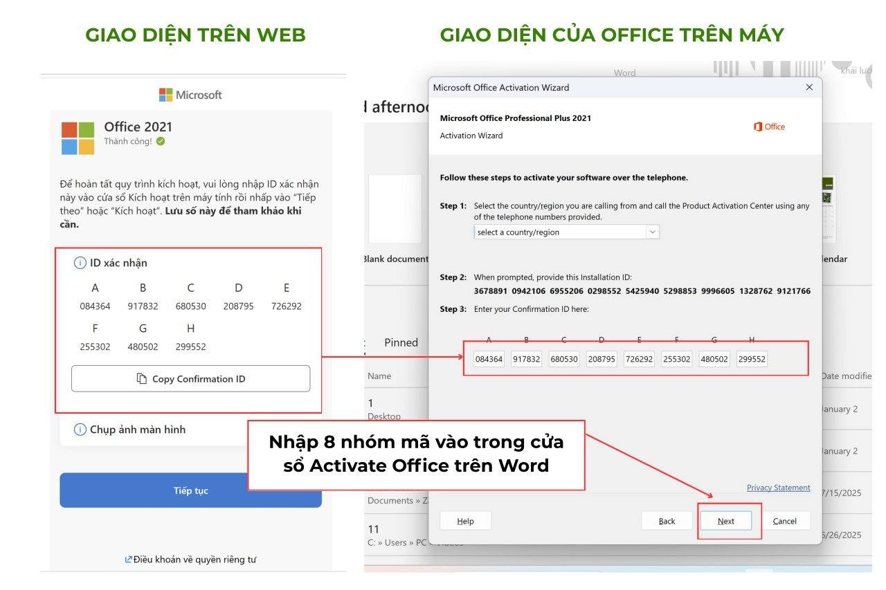 Nhập 8 nhóm mã tương ứng vào giao diện của Office trên máy