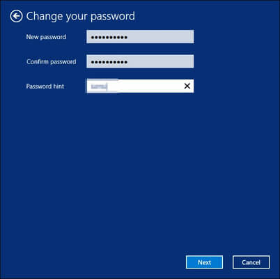 Nhập password mới và password hint