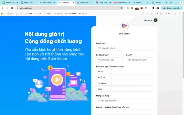 Nhập thông tin Zalo Video