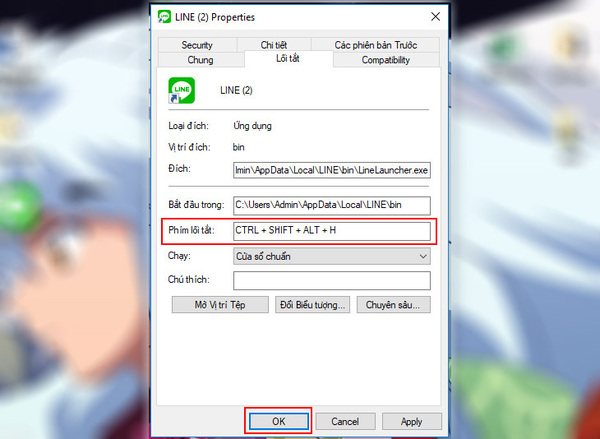 Nhập tổ hợp phím tắt và chọn OK