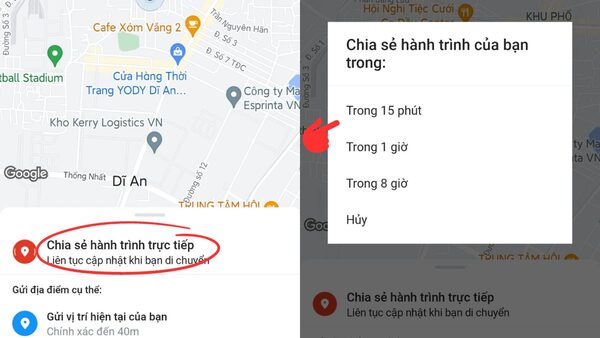 Thiết lập thời gian chia sẻ hành trình