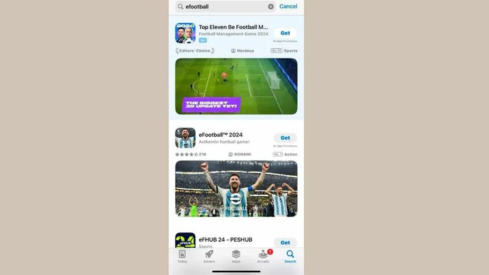 Tìm kiếm eFootball 2024 và nhấn “Tải về"