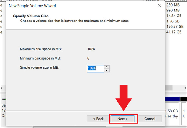 Tùy chọn dung lượng bạn muốn và chọn Next