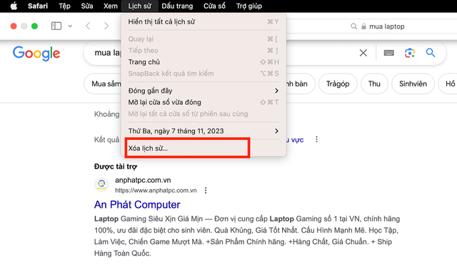 Vào Lịch sử → Xoá lịch sử
