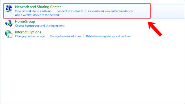 Vào Network and Sharing Center