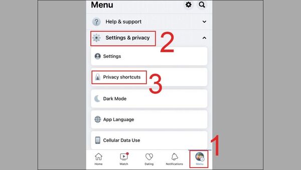 Vào trang cá nhân → Chọn "Settings & privacy" → "Privacy shortcuts