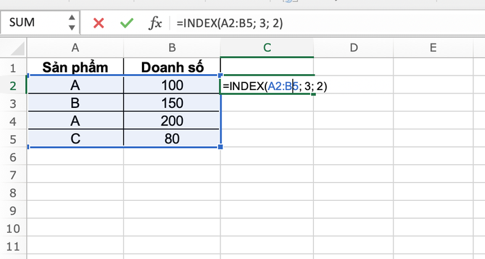 Ví dụ về hàm INDEX