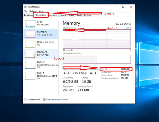 Xem bus RAM với Task Manager