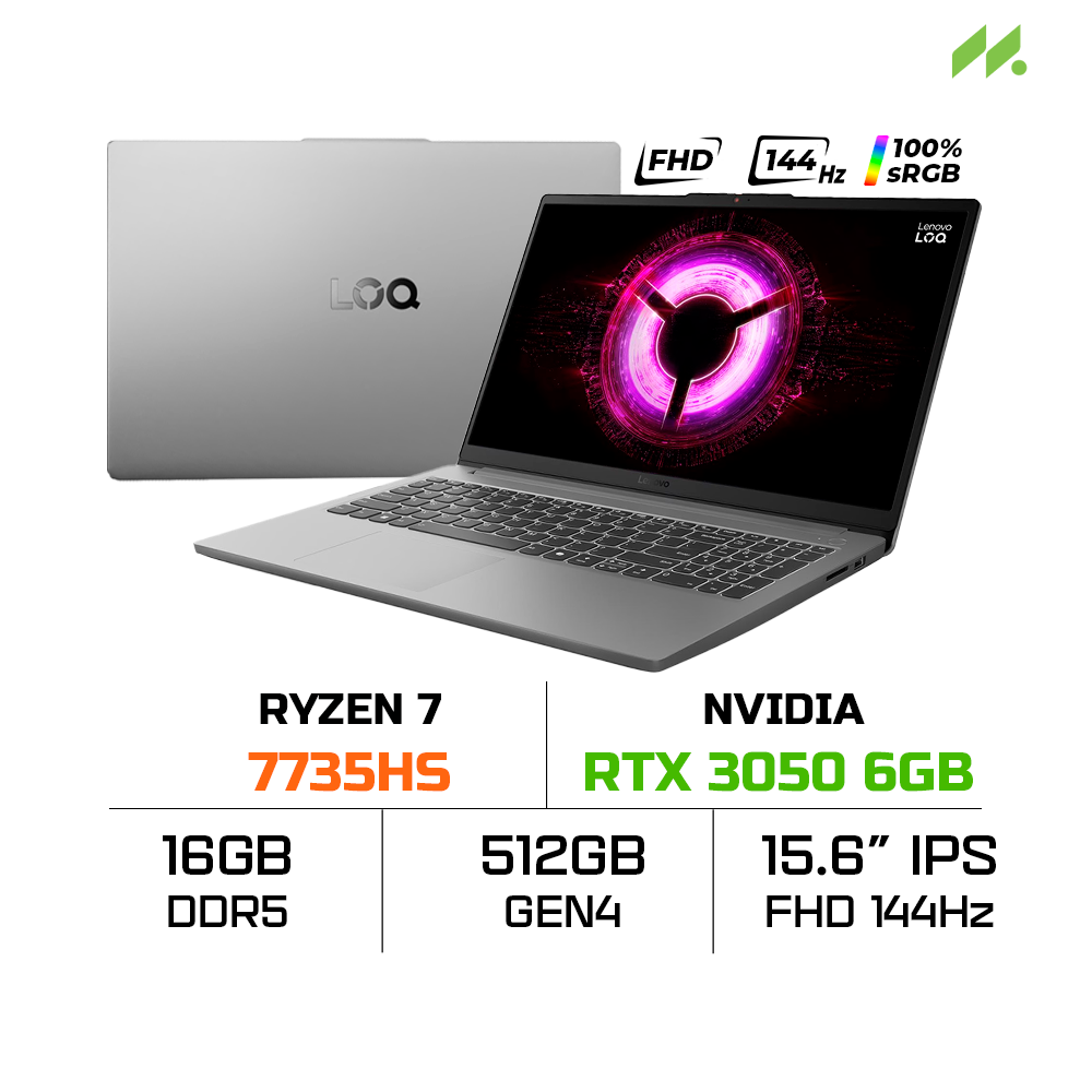 Laptop Lenovo LOQ Essential 15ARP10E 83S0006QVN (Ryzen 7 7735HS, RTX 3050 6GB, RAM 16GB DDR5, SSD 512GB, 15.6 Inch FHD IPS 144Hz 100% sRGB, Win 11 Home)
