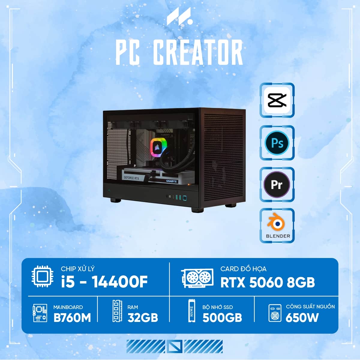 PC Đồ Họa i5-5060 (i5-14400F, RTX 5060 OC 8G, Ram 32GB, SSD 500GB, 650W)