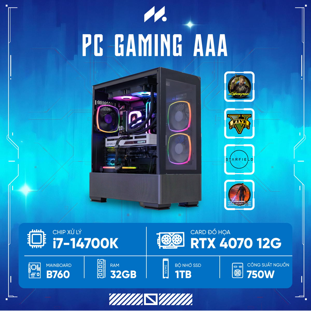 PC GAMING-AAA I7 G14-4070 (i7-14700KF, RTX 4070 OC 12GB, Ram 32GB, SSD 1TB, 750W)