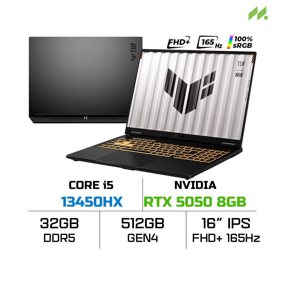Laptop ASUS TUF Gaming F16 FX608JH-RV131W (i5-13450HX, RTX 5050 8GB, RAM 32GB DDR5, SSD 512GB, 16 Inch IPS WUXGA 165Hz, Win 11 Home)