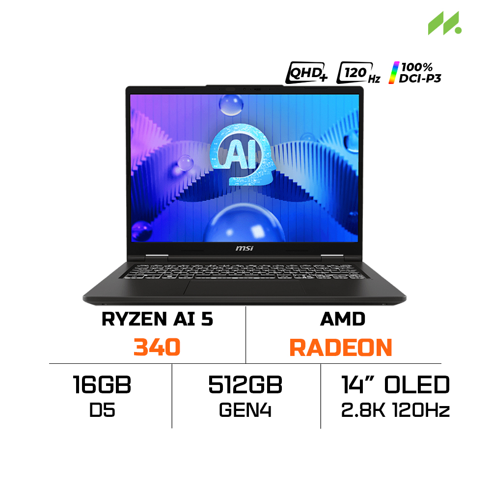 Laptop MSI Venture OLED A14 AI+ A3HMG-004VN (Ryzen AI 5 340, AMD Radeon, Ram 16GB DDR5, SSD 512GB, 14 Inch OLED 2K8 120Hz 100% DCI-P3)