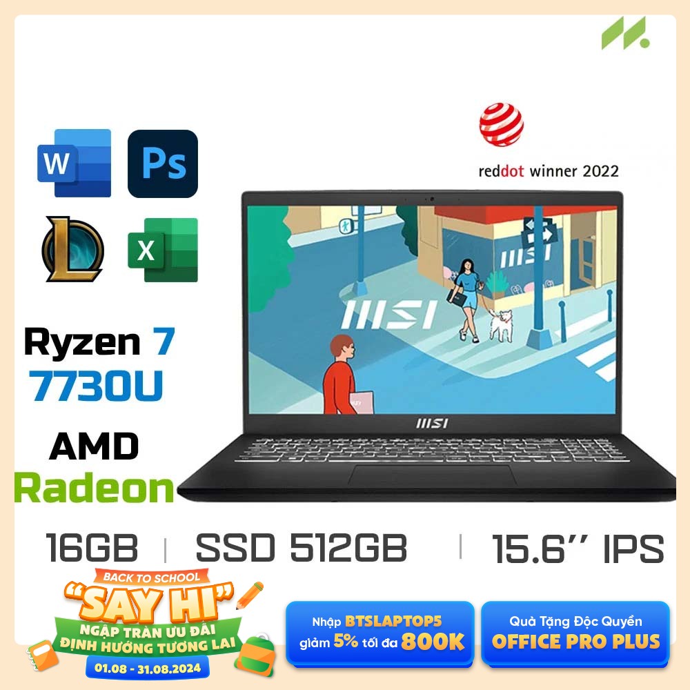 Laptop MSI Modern 15 B7M-238VN (Ryzen 7 7730U, Radeon Graphics, Ram 16GB DDR4, SSD 512GB, 15.6 Inch IPS FHD)