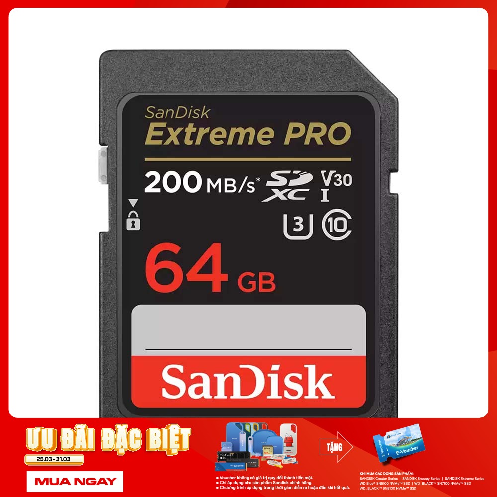 Thẻ nhớ SDXC SanDisk Extreme Pro U3 V30 64GB 200MB/s SDSDXXU-064G-GN4IN