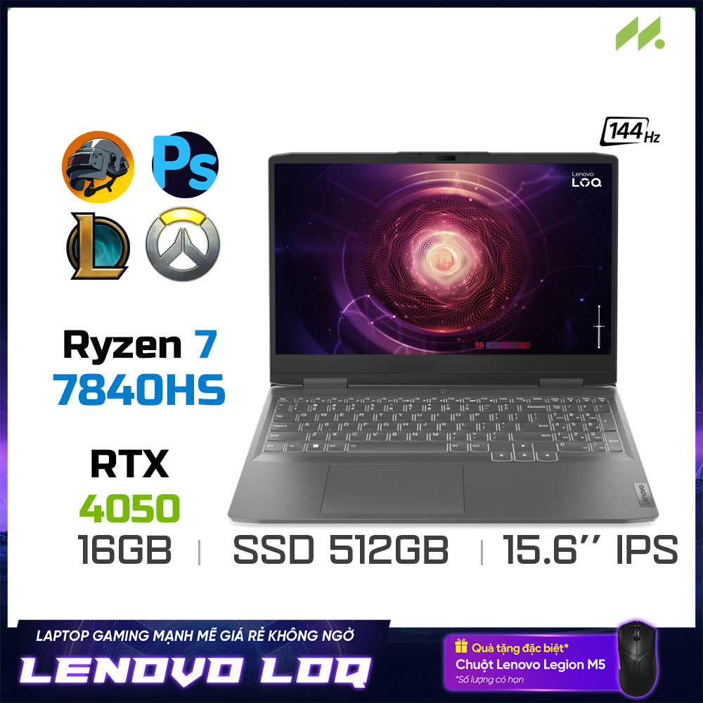 Laptop Lenovo LOQ 15APH8 82XT00AKVN (Ryzen 7 7840HS, RTX 4050 6GB, Ram 16GB DDR5, SSD 512GB, 15.6 Inch IPS 144Hz FHD)