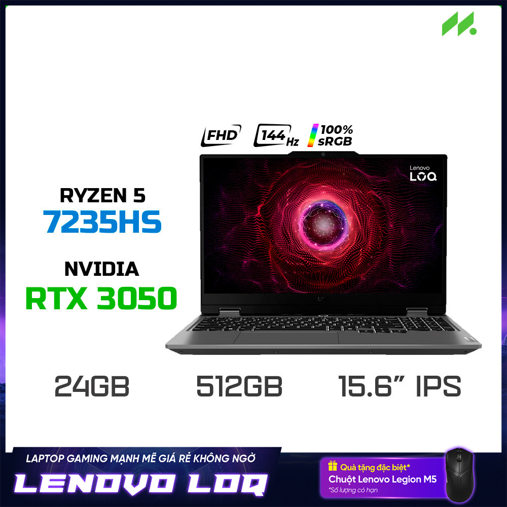 Laptop Lenovo LOQ 15ARP9 83JC007JVN (Ryzen 5 7235HS, RTX 3050 6GB, RAM 24GB DDR5, SSD 512GB, 15.6 Inch IPS FHD 144Hz 100% sRGB, Win 11)