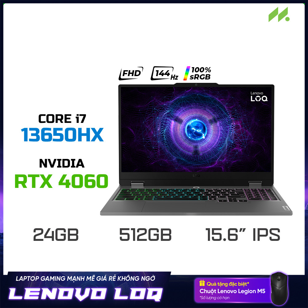 Laptop Lenovo LOQ 15IRX9 83DV00UFVN (i7-13650HX, RTX 4060 8GB, RAM 24GB DDR5, SSD 512GB, 15.6 Inch FHD IPS 144Hz 100% sRGB, Win 11)