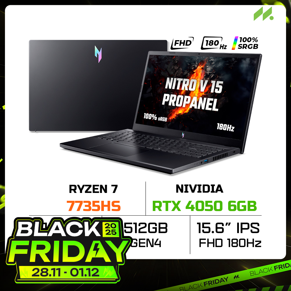 Laptop Acer Nitro V 15 ProPanel NH.QPESV.004 ANV15-41-R0Y4 (Ryzen 7 7735HS, RTX 4050 6GB, RAM 16GB DDR5, SSD 512GB, 15.6 Inch IPS FHD 180Hz 100%sRGB)