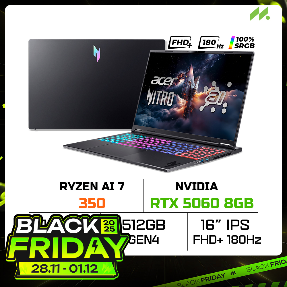 Laptop Acer Nitro 16 AI ProPanel NH.QXFSV.001 AN16S-61-R5F4 (Ryzen AI 7 350, RTX 5060 8GB, RAM 16GB DDR5, SSD 512GB, 16 Inch IPS FHD+ 180Hz 100%sRGB)